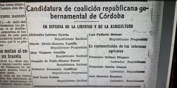 Candidatura de la coalición republicano gubernamental de Córdoba, en el diario La Voz, 30 de octubre de 1933.