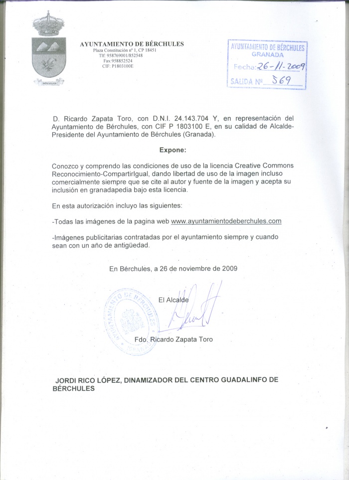 Autorización del Ayuntamiento de Bérchules - Granadapedia